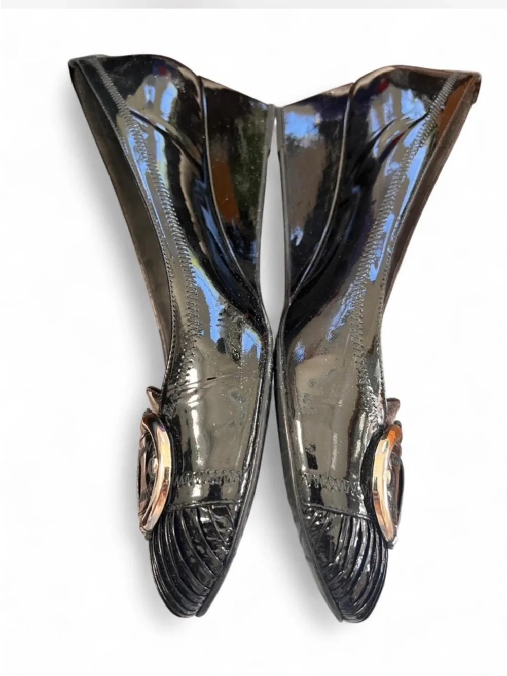 Stuart Weitzman Black Patent Leather Pleated Toe Wedge Pumps size 10 - Picture 4 of 4